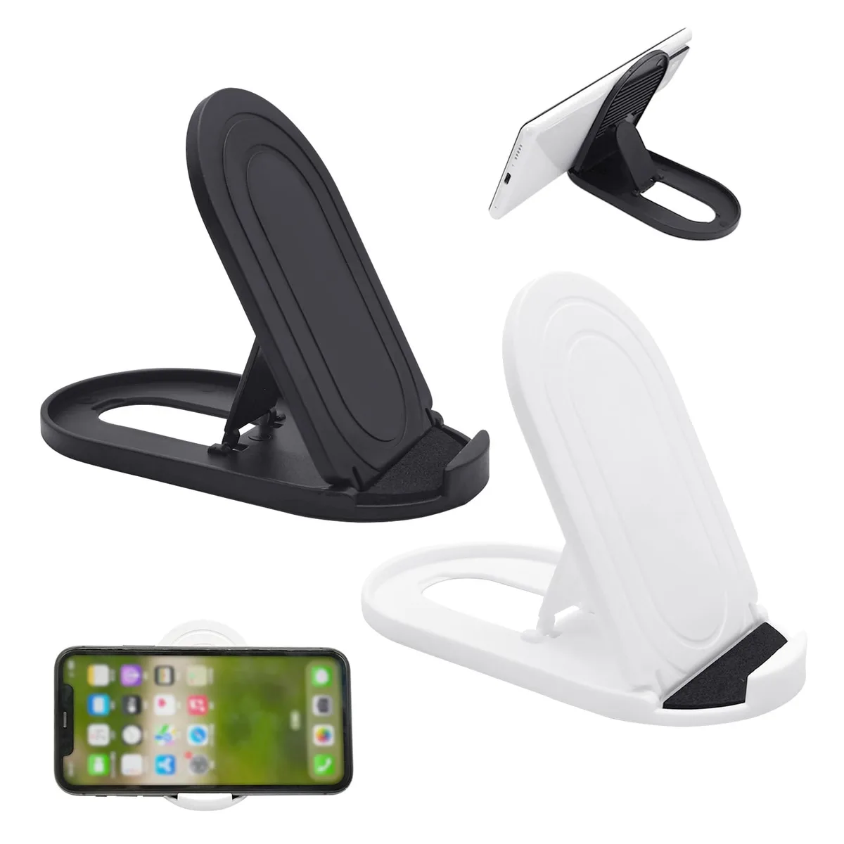 Two slim foldable phone stands, one black one white, lying flat on a surface