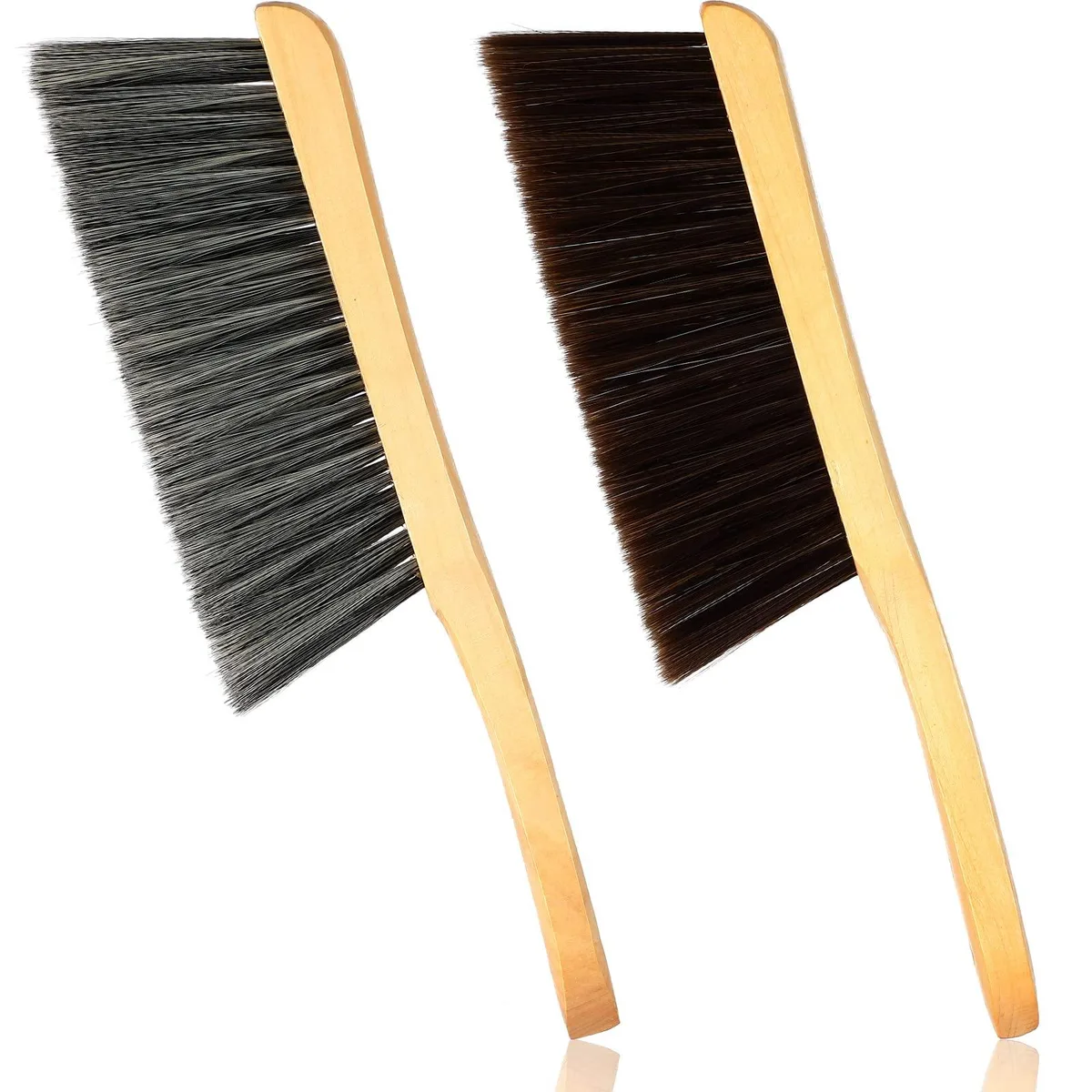 Two wooden-handled bench brushes, gray and brown bristles, long oiled handles with hanging holes