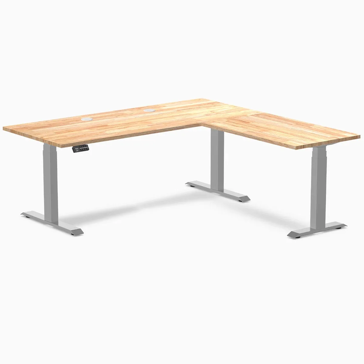 Desky Desky Rubberwood L-Shape Sit Stand Desk Natural Timber Grey 72 x 30 x 70 x 24 in with Grommets — product photo