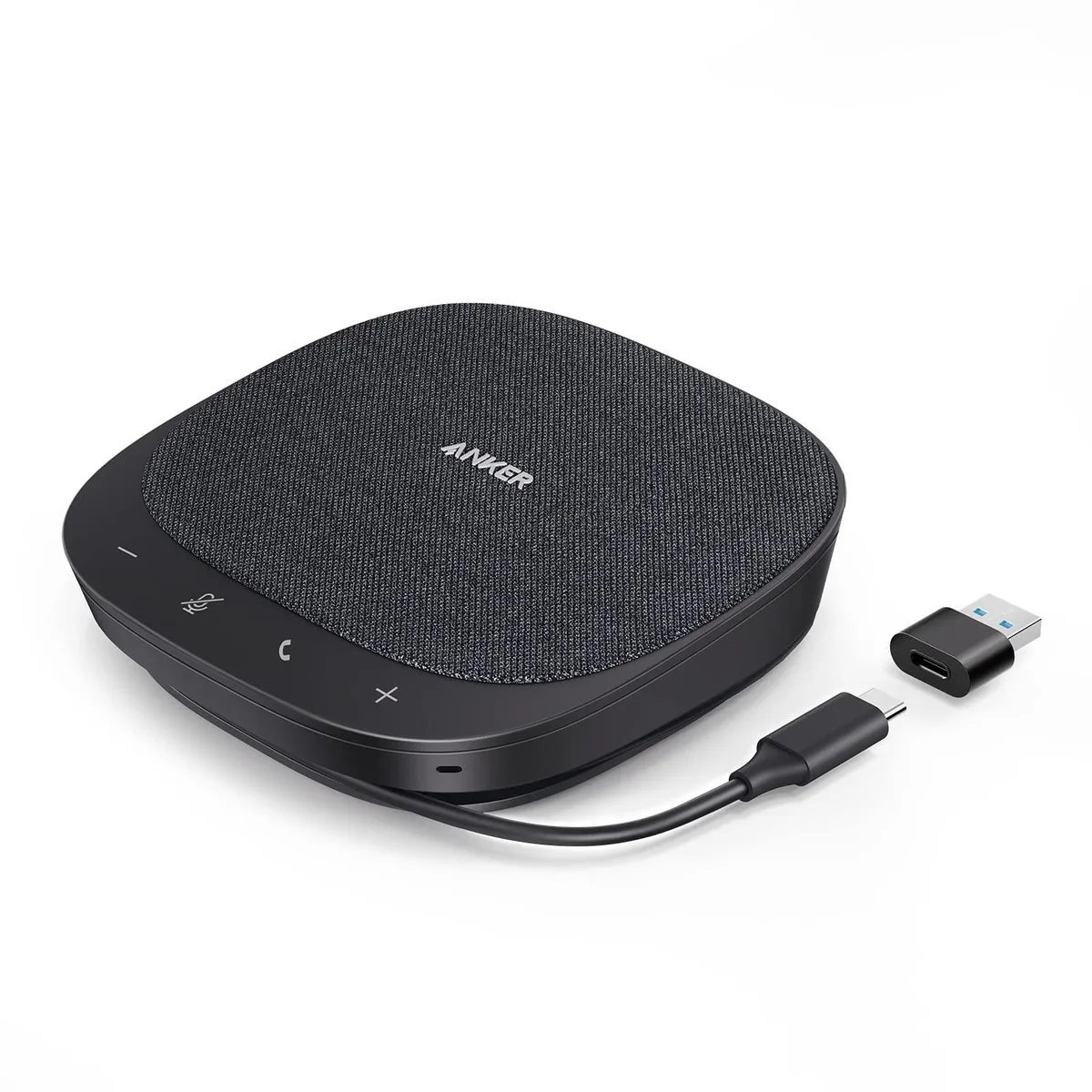 Compact black disc-shaped USB speakerphone with 4 microphones and 1.75 driver