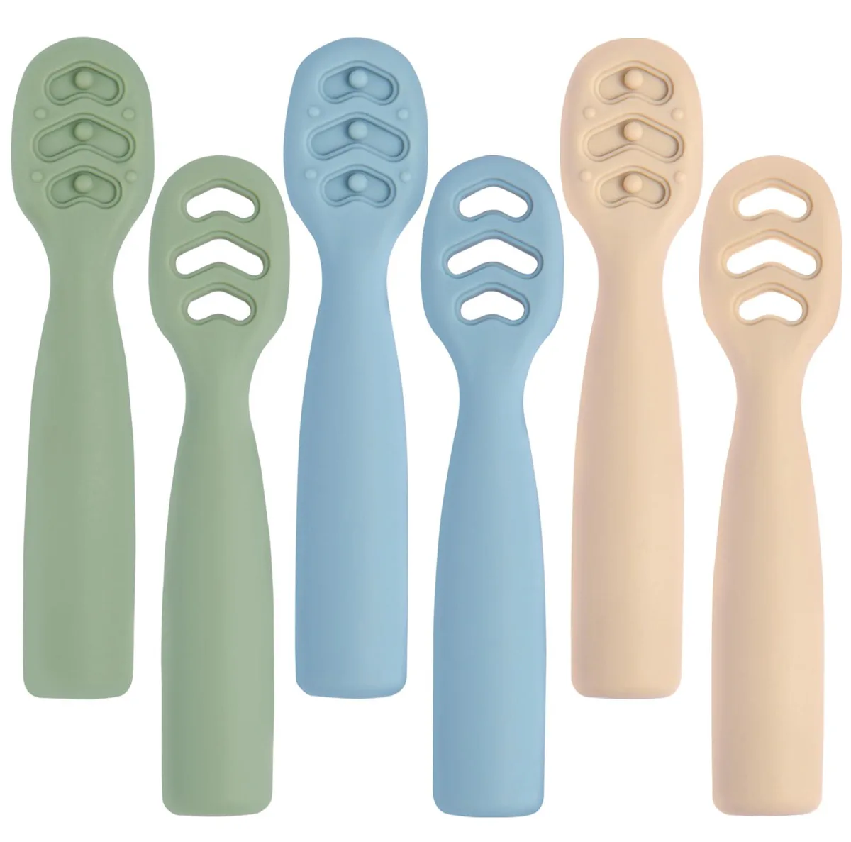Six silicone baby spoons with bamboo handles in assorted colours