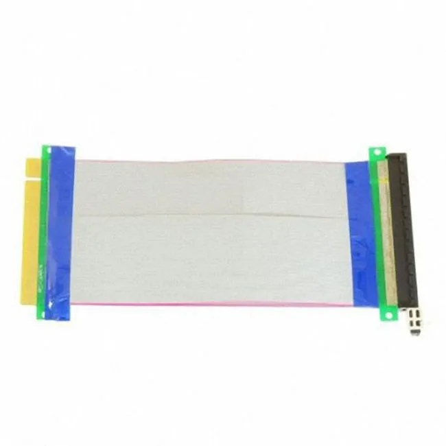 Flat green PCB riser board with a 20cm white ribbon cable and gold edge connectors