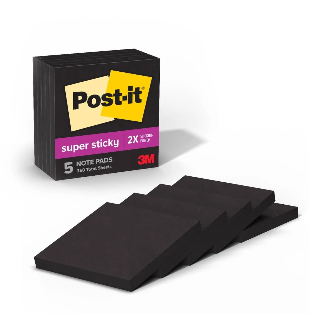 Five square black sticky note pads in a cardboard box