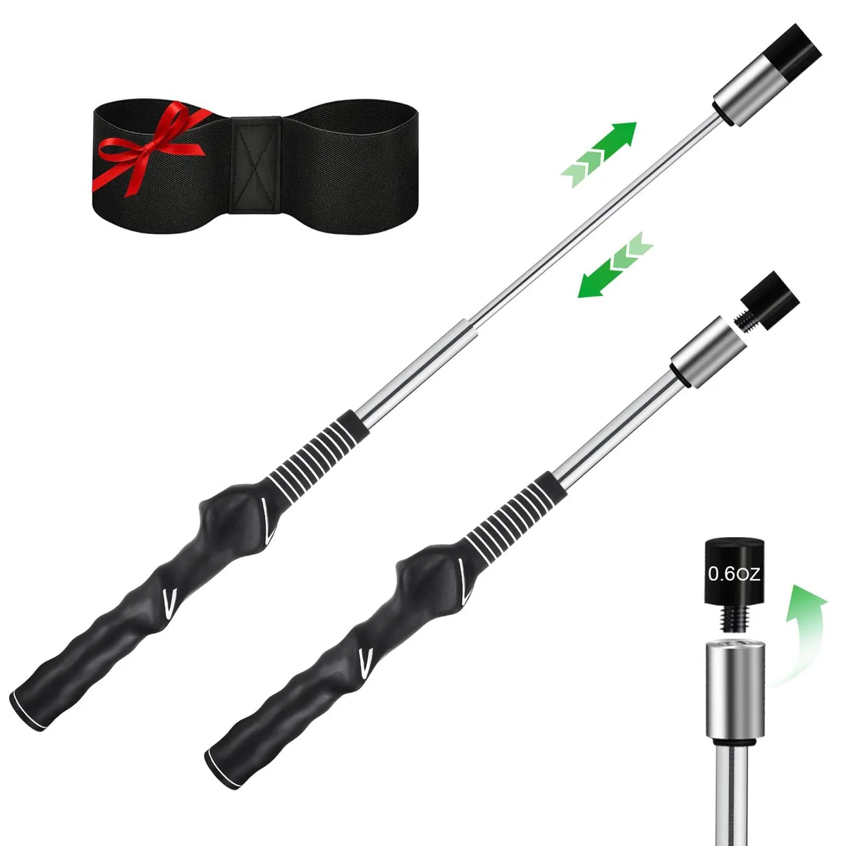 Black retractable golf swing trainer for right hand, collapses to 15.3 inches extends to 25.9 inches