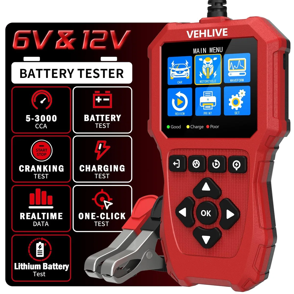 VEHLIVE BT910 6V 12V Battery Tester with Lithium Testing — product photo