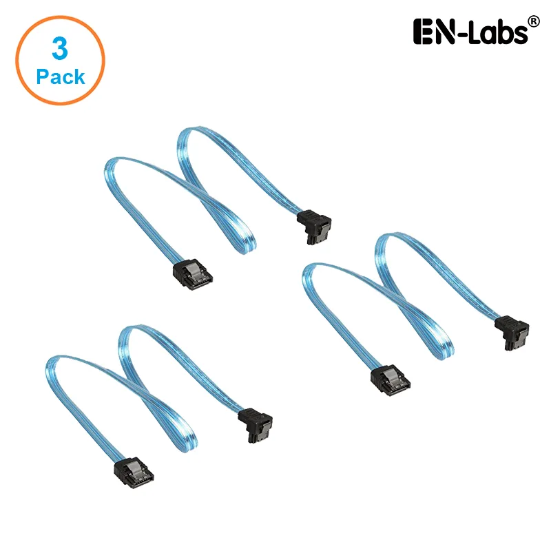 EN-Labs EN-Labs 3PKSATAIII18BLA 3-pack SATA cable straight to 90° right-angle UV blue 18 inch locking latch — product photo