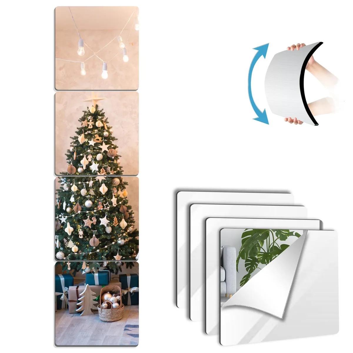 Four silver rectangular acrylic mirror tiles, ten inches square