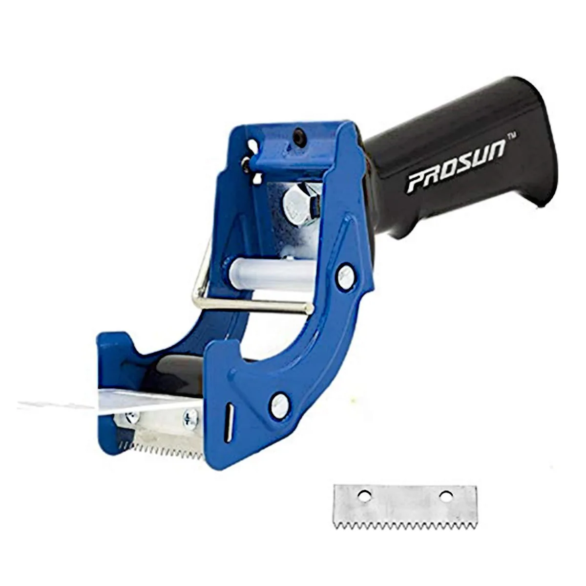 Blue metal tape gun dispenser with ergonomic handle