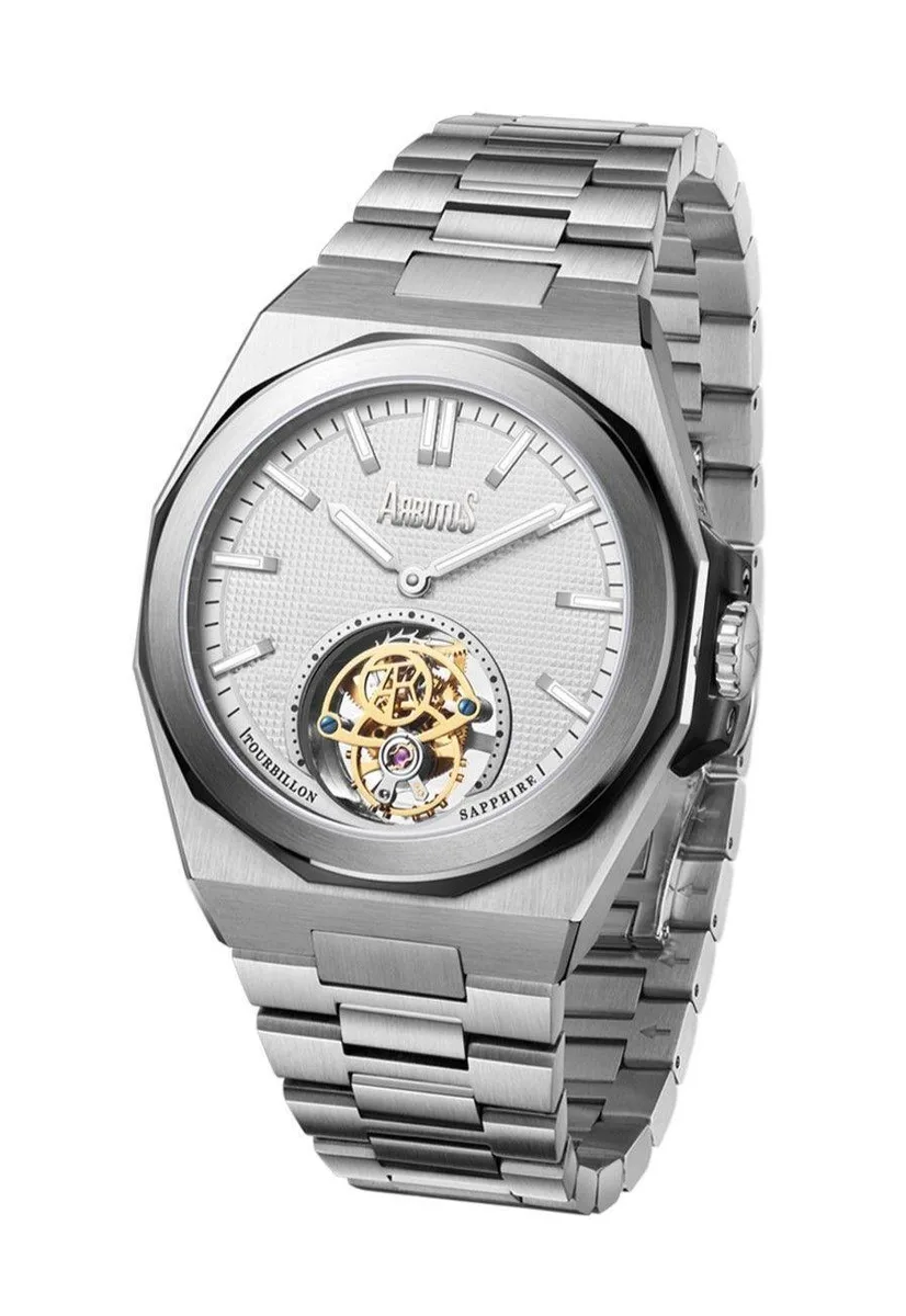 Silver stainless steel watch with white open-heart dial and bracelet