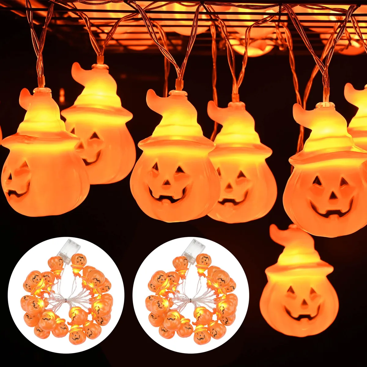 Two 10 ft strings of 20 orange pumpkin LED lights, battery box, flexible wire