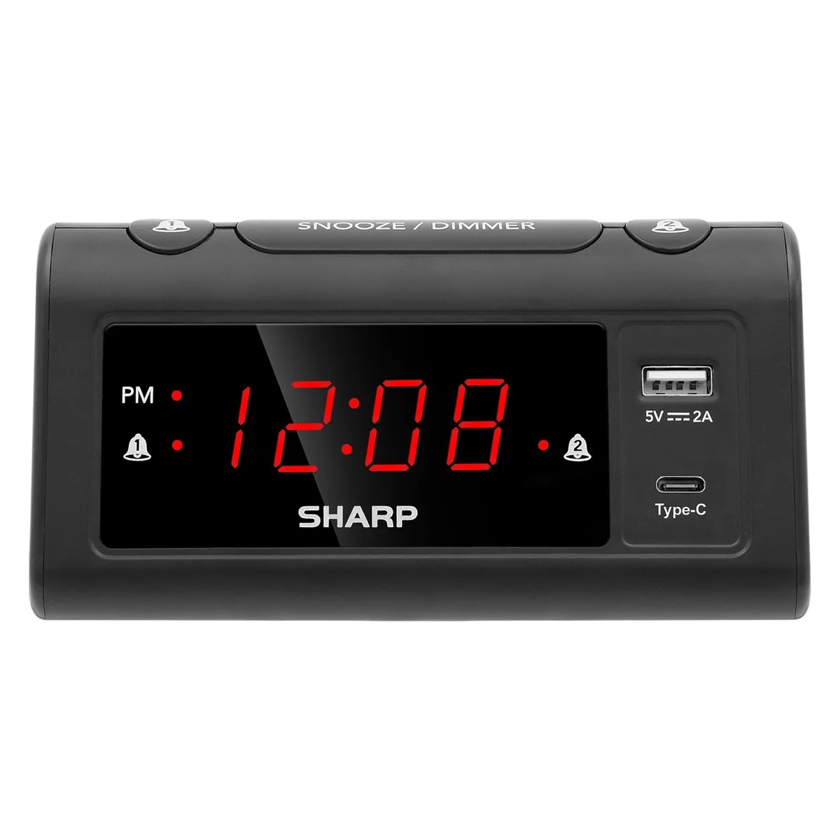 Black rectangular digital alarm clock with red LED display and USB ports