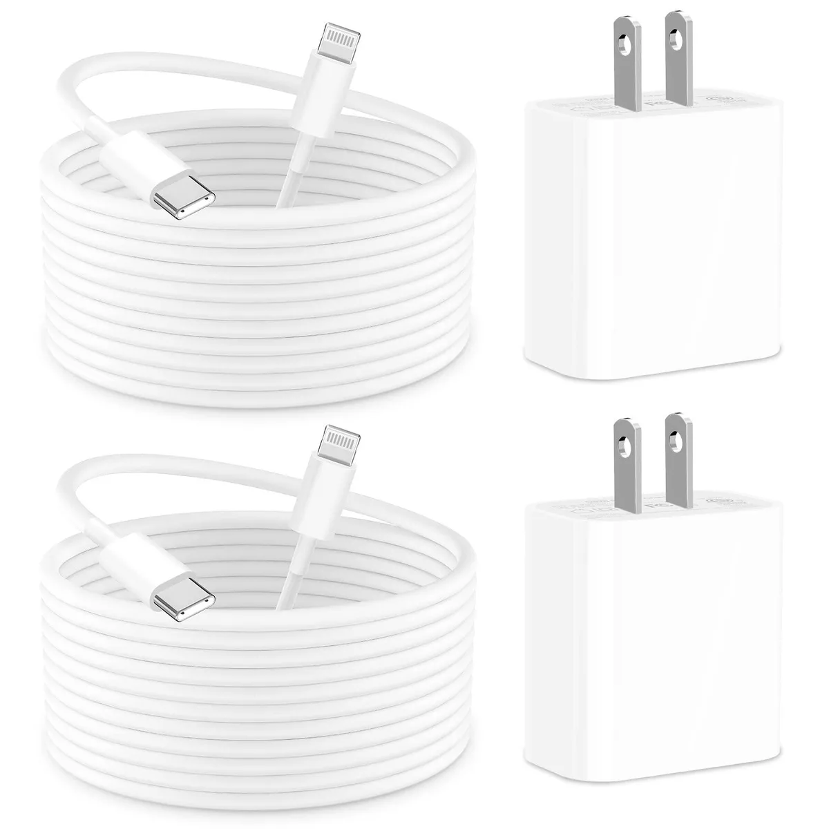 Two white USB-C wall chargers with two white 6ft USB-C to Lightning cables