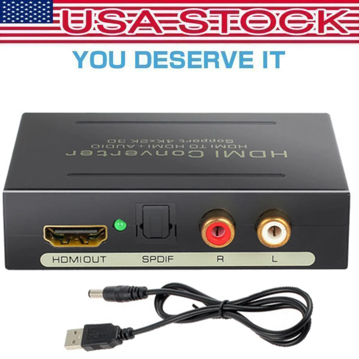 Black HDMI audio extractor box with ports and LED indicators