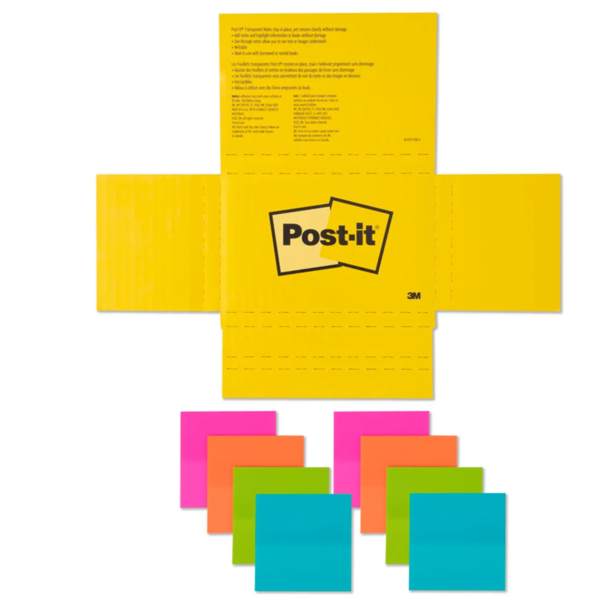 Eight pads of clear square sticky notes in four colours, 36 sheets each