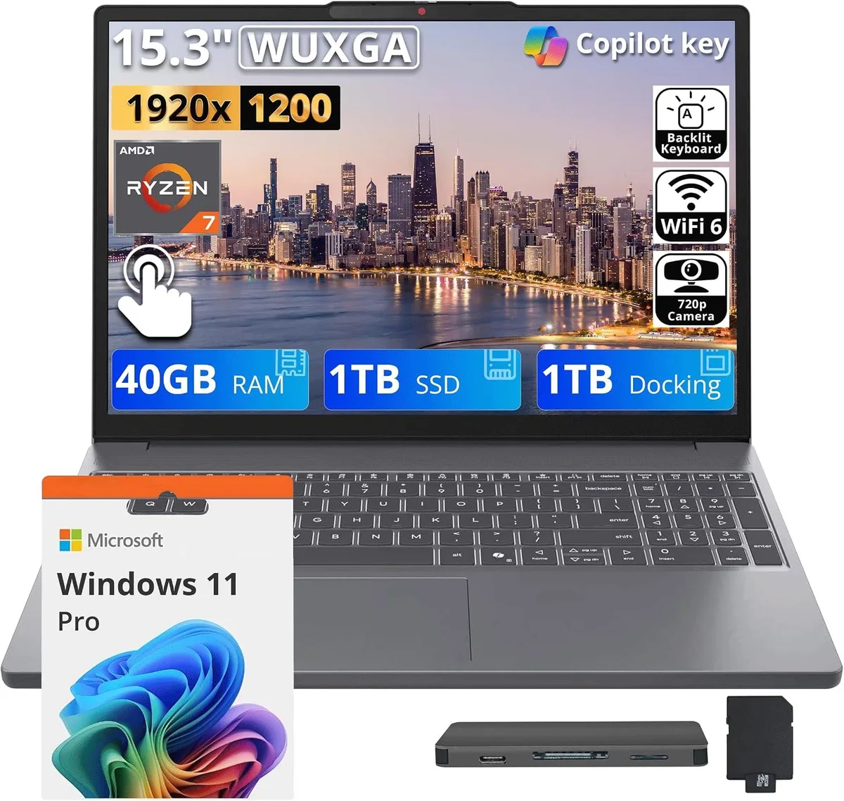Lenovo Lenovo IdeaPad Slim 3 15.3" WUXGA Touchscreen Business Laptop AMD Ryzen 7 8840HS 40GB DDR5 1TB SSD Luna Gray — product photo