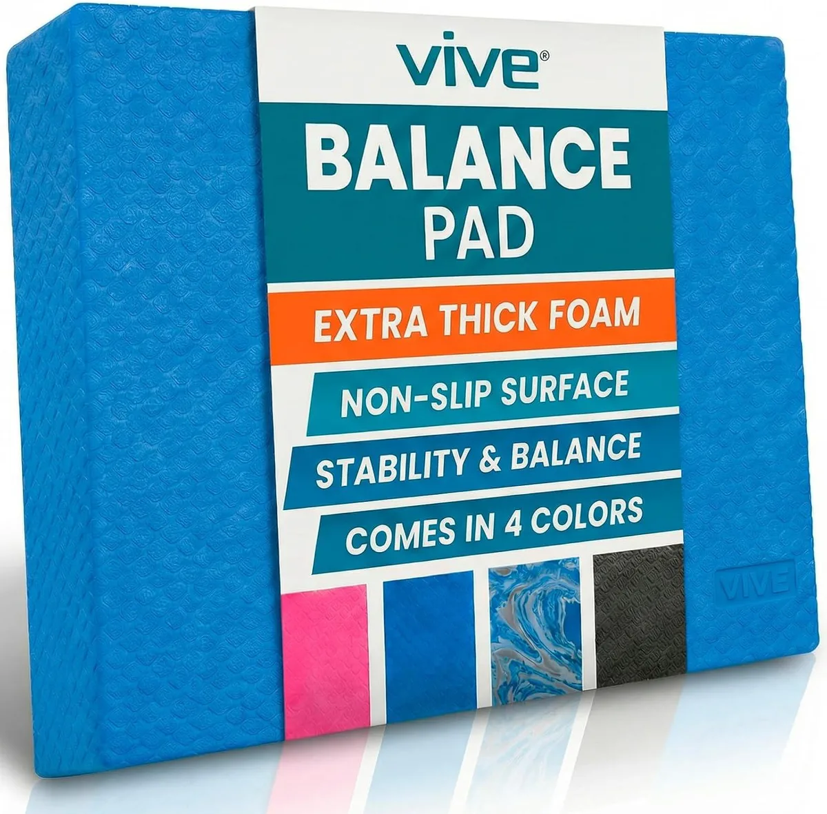 Rectangular blue foam balance pad, lightly textured top and bottom, 15.8 by 13.4 inches, 2.4 inches thick