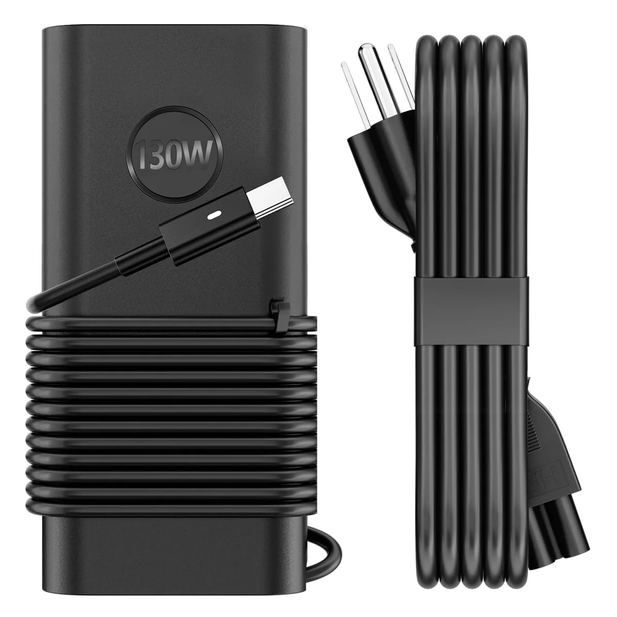 A black rectangular 130W USB-C laptop charger with detachable power cord