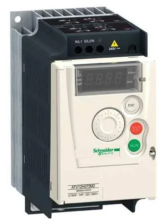 Compact grey industrial drive unit with front panel controls and wiring terminals