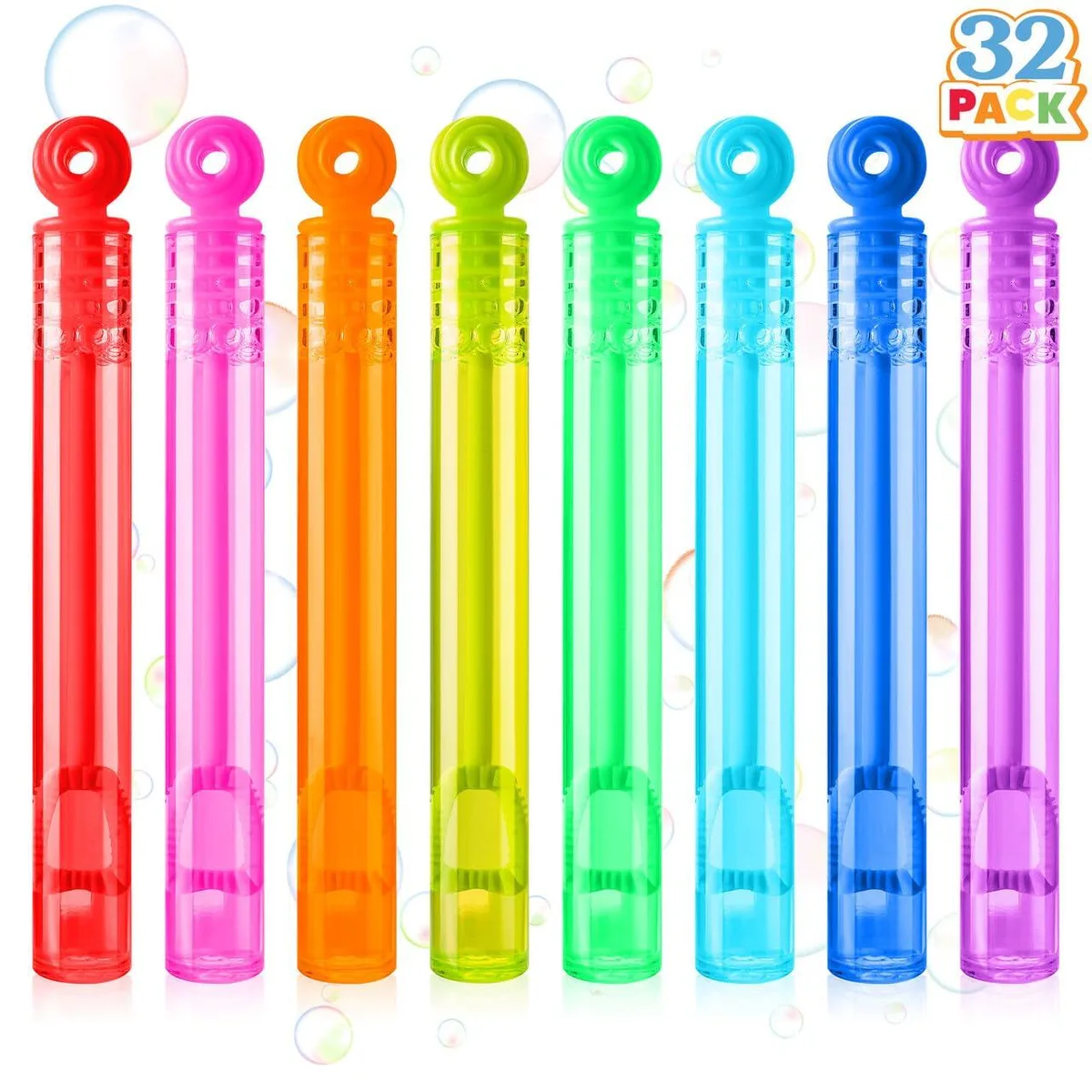 Thirty-two plastic mini bubble wands in eight colours, each 4.1 inches long with a circular wand head