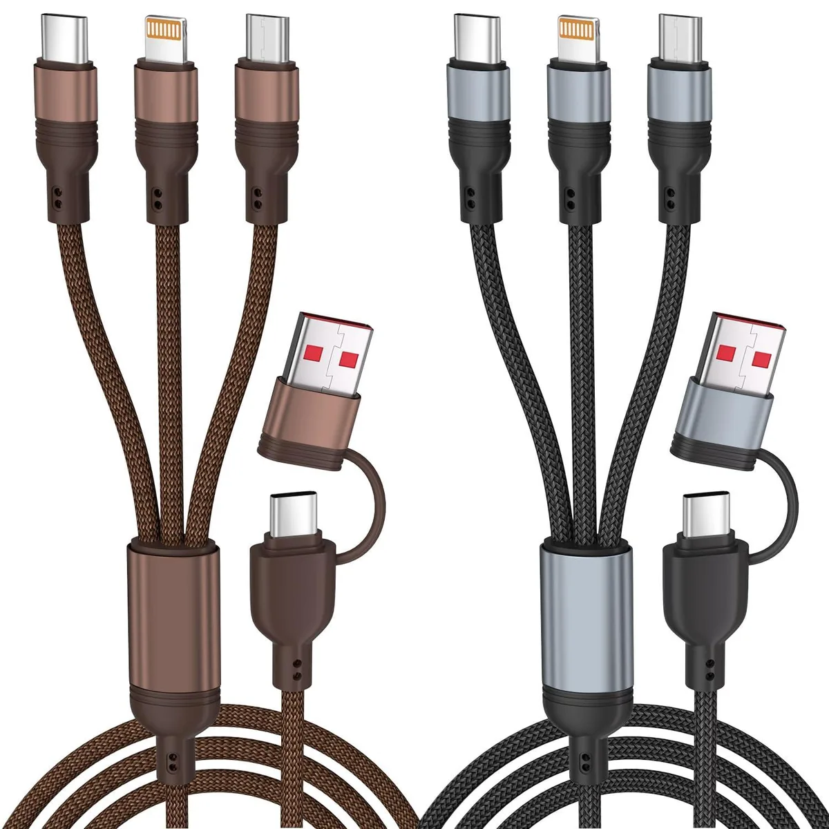 Firsting 5-in-1 Multi Charging Cable USB-A/C to Lightning/Type-C/Micro-USB 2-Pack 4FT Black Brown — product photo