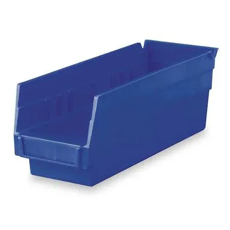 Blue plastic shelf bin with moulded label area, nestable and stackable