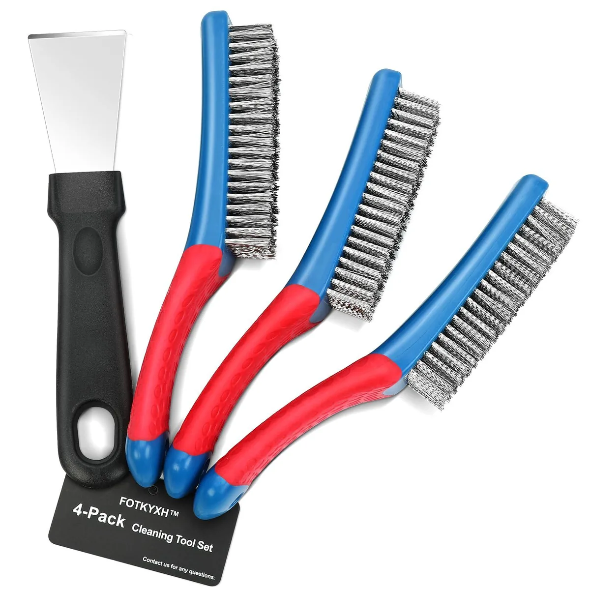 Four stainless-steel wire brushes and a metal scraper with red and blue rubber handles