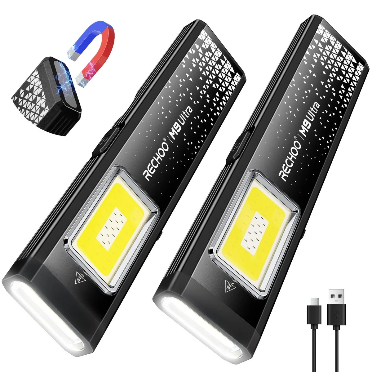 Two slim black rectangular flashlights with magnetic bases and pocket clips