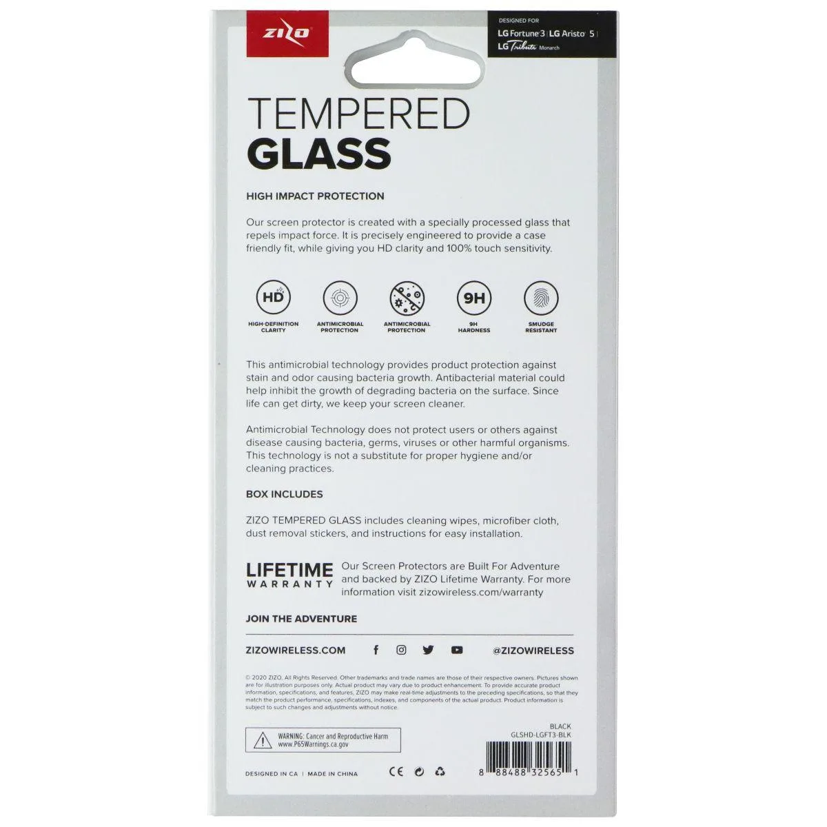 Zizo Zizo Tempered Glass Screen Protector for LG Fortune 3/Aristo 5/Tribute Monarch - Clear/Black — product photo