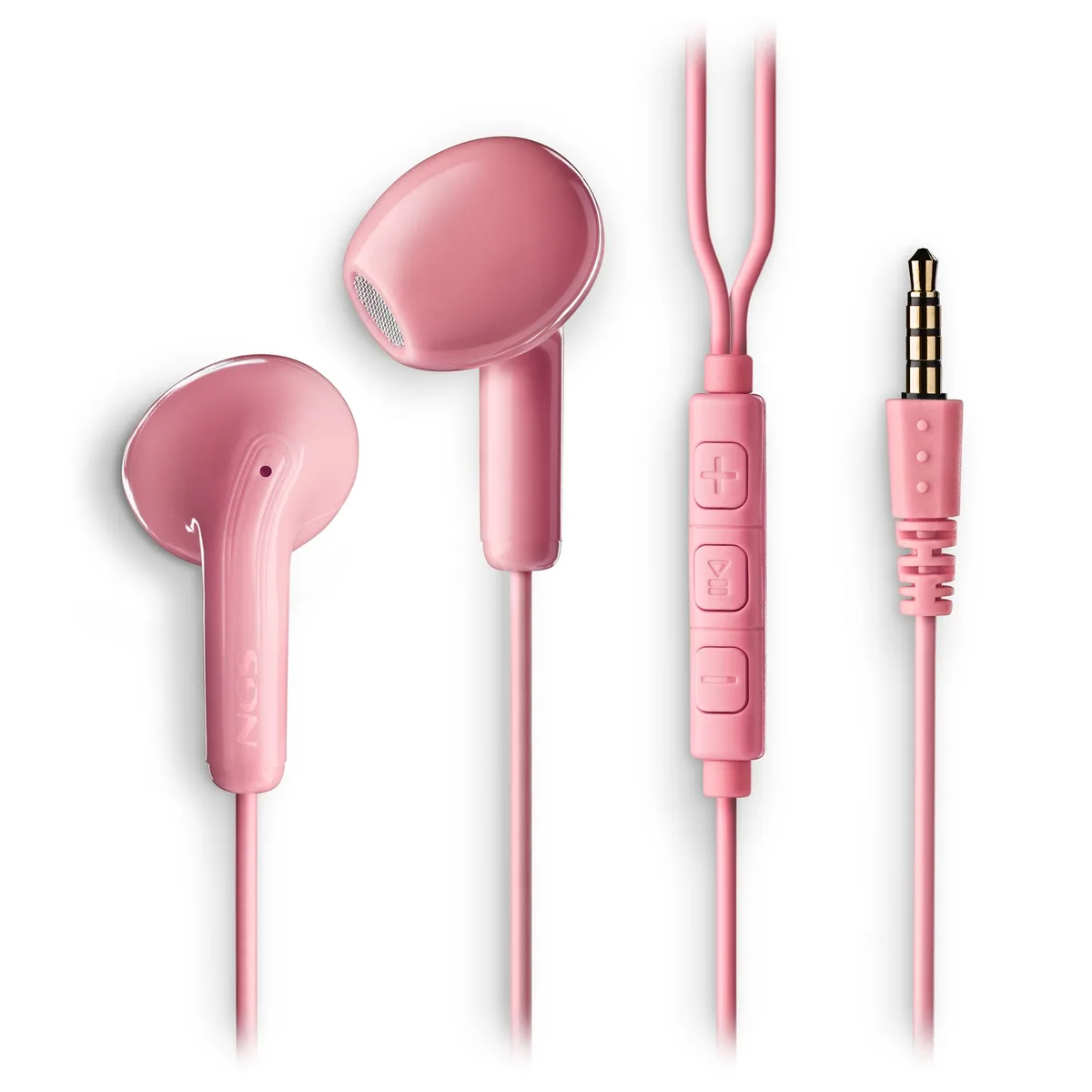 Pink in-ear wired headphones with 3.5mm jack, inline mic and control button