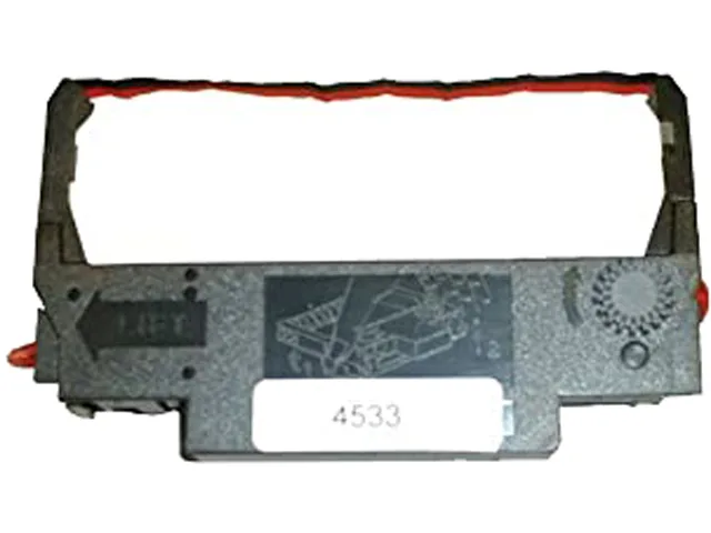 Black and red nylon printer ribbon cartridge, rectangular shape, matte finish
