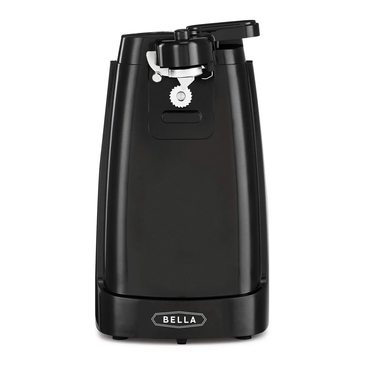 Black electric can opener with removable cutting lever and cord storage