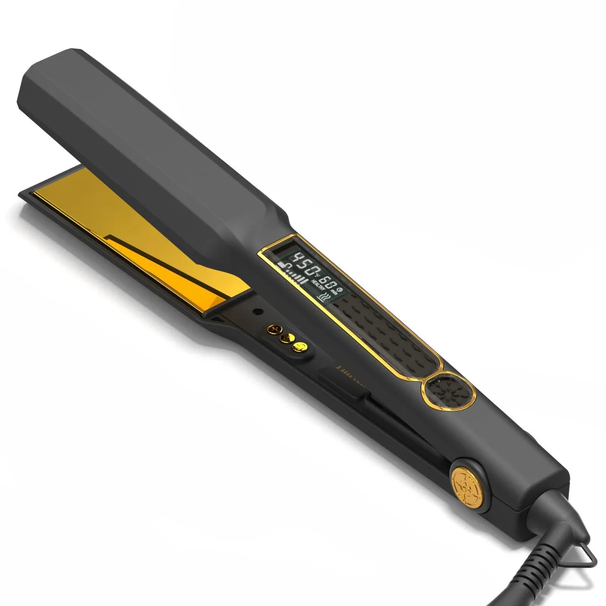 Black titanium hair straightener with 1.5 inch plates, LCD display, rounded edges, swivel cord, ergonomic handle