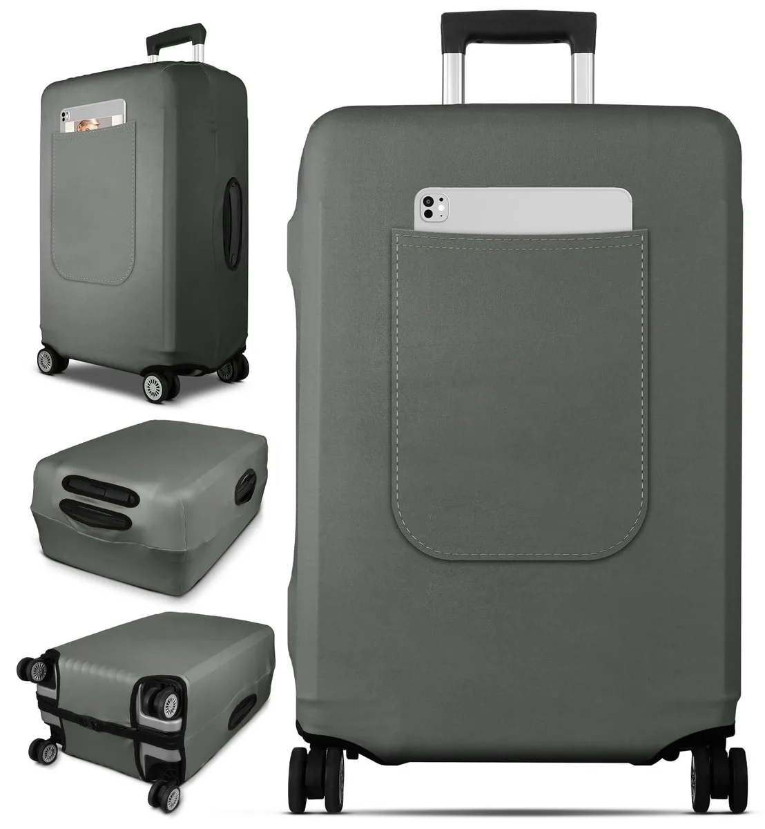 Grey stretch fabric suitcase cover sized 24-27 inch with front pocket and top side openings