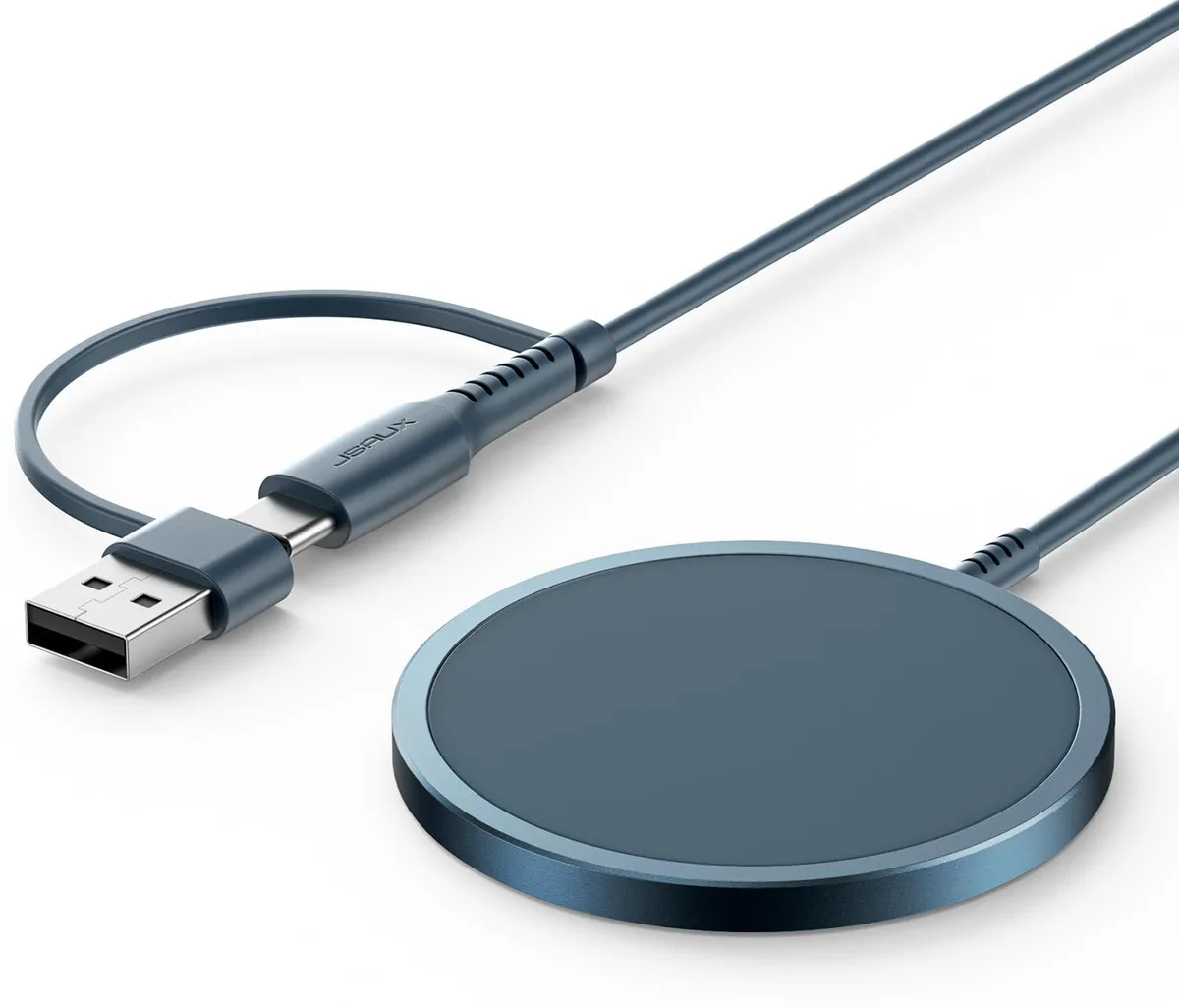 Blue MagSafe wireless charging pad with dual USB ports, aluminium finish