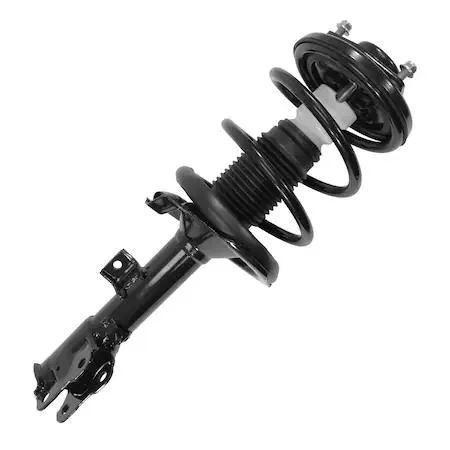 Unity 13232 front right complete strut assembly, metallic silver finish, preassembled with coil spring and top mount