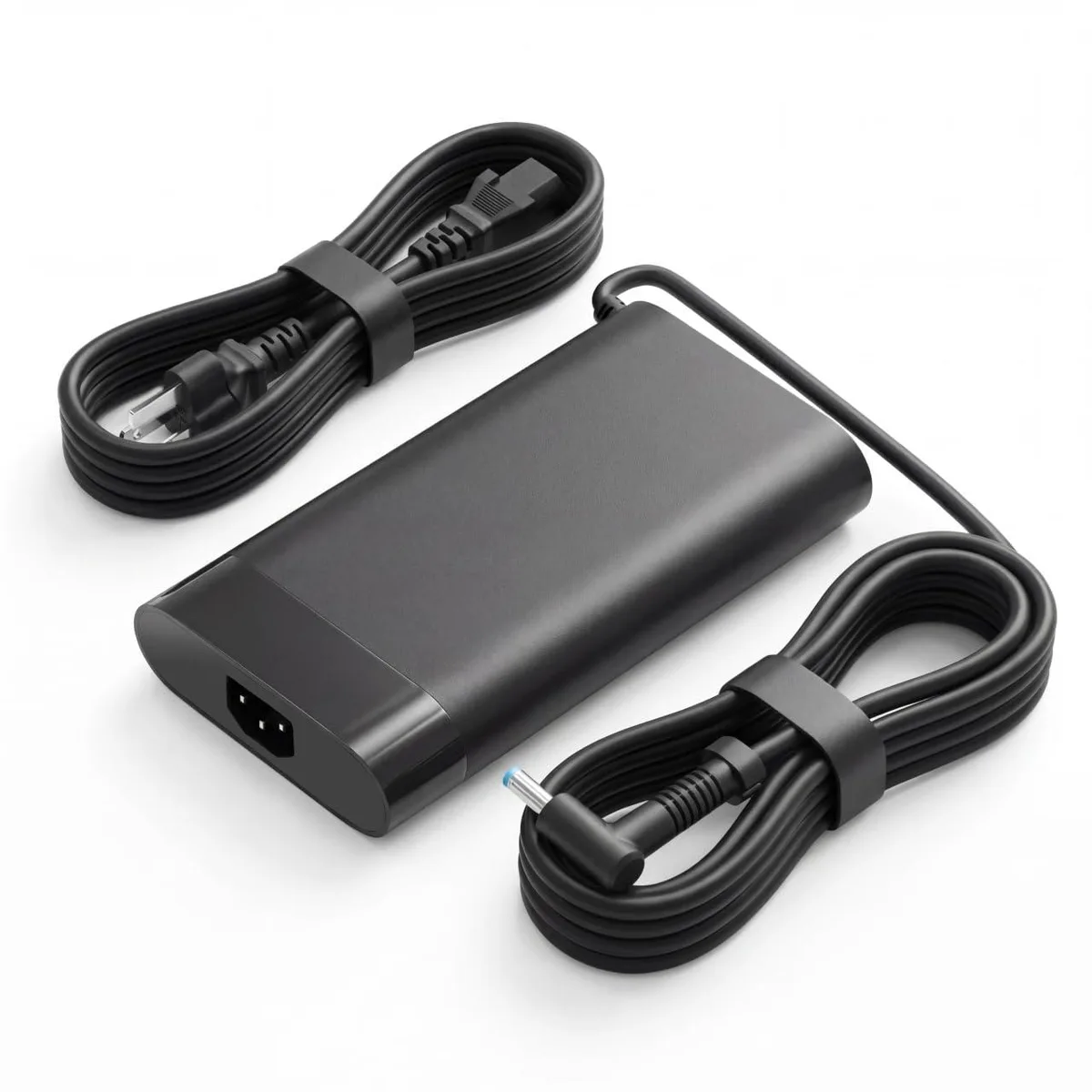 A rectangular black power brick with a blue-tip barrel connector and detachable mains cord