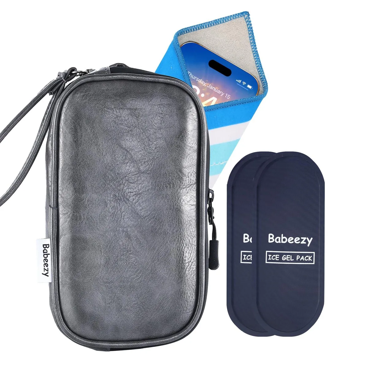 Grey insulated phone pouch with zipper and gel packs