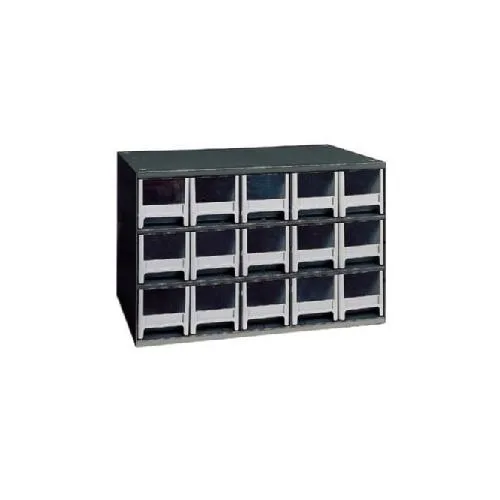 Gray steel cabinet with fifteen polystyrene drawers, powder-coated finish, stackable design