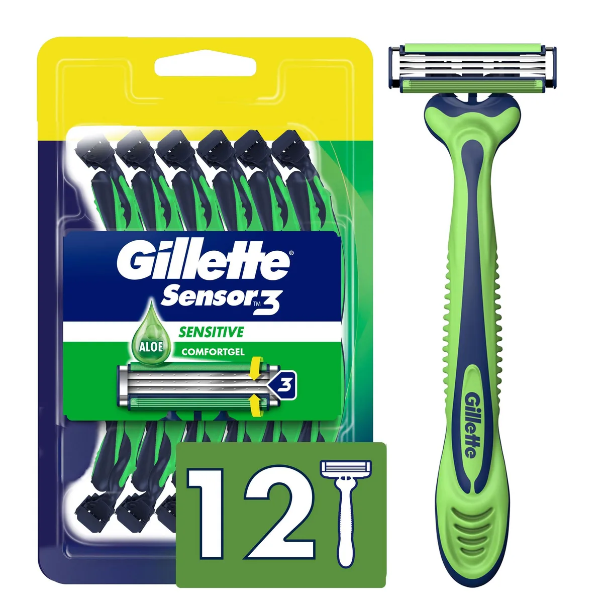 Pack of twelve Gillette Sensor3 Sensitive disposable razors with green handles and pivoting heads