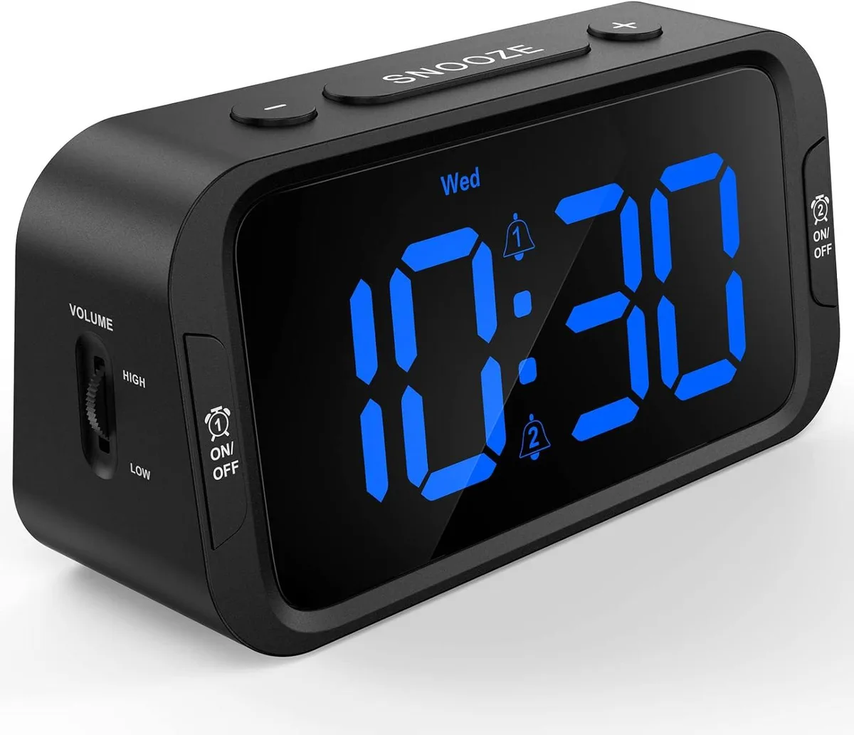 Compact blue digital alarm clock with large LED digits and front-facing buttons