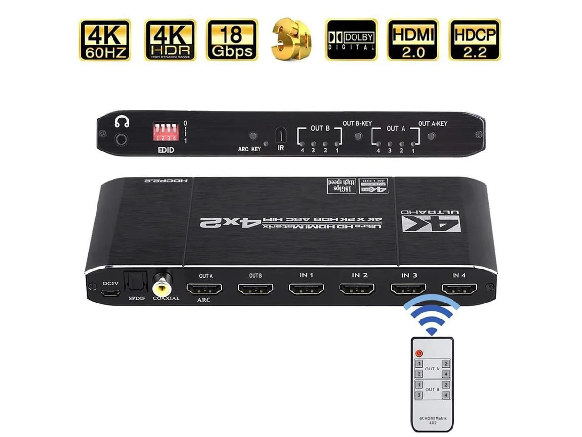 COFIER COFIER 4K@60Hz HDMI Matrix 4x2 Switch Splitter HDCP 2.2 IR Remote Spdif vr accessory — product photo