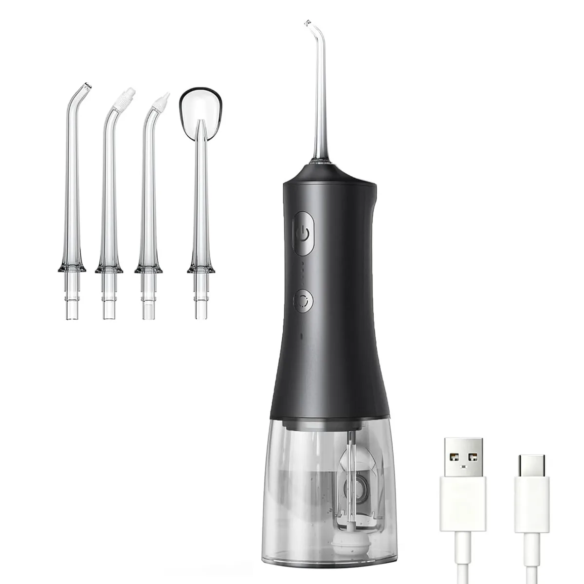 Black cordless water flosser with detachable 300 ml tank and four jet tips