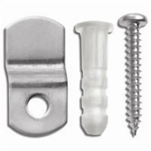 A clear plastic box holding forty-eight small silver metal mirror clips with screws and anchors