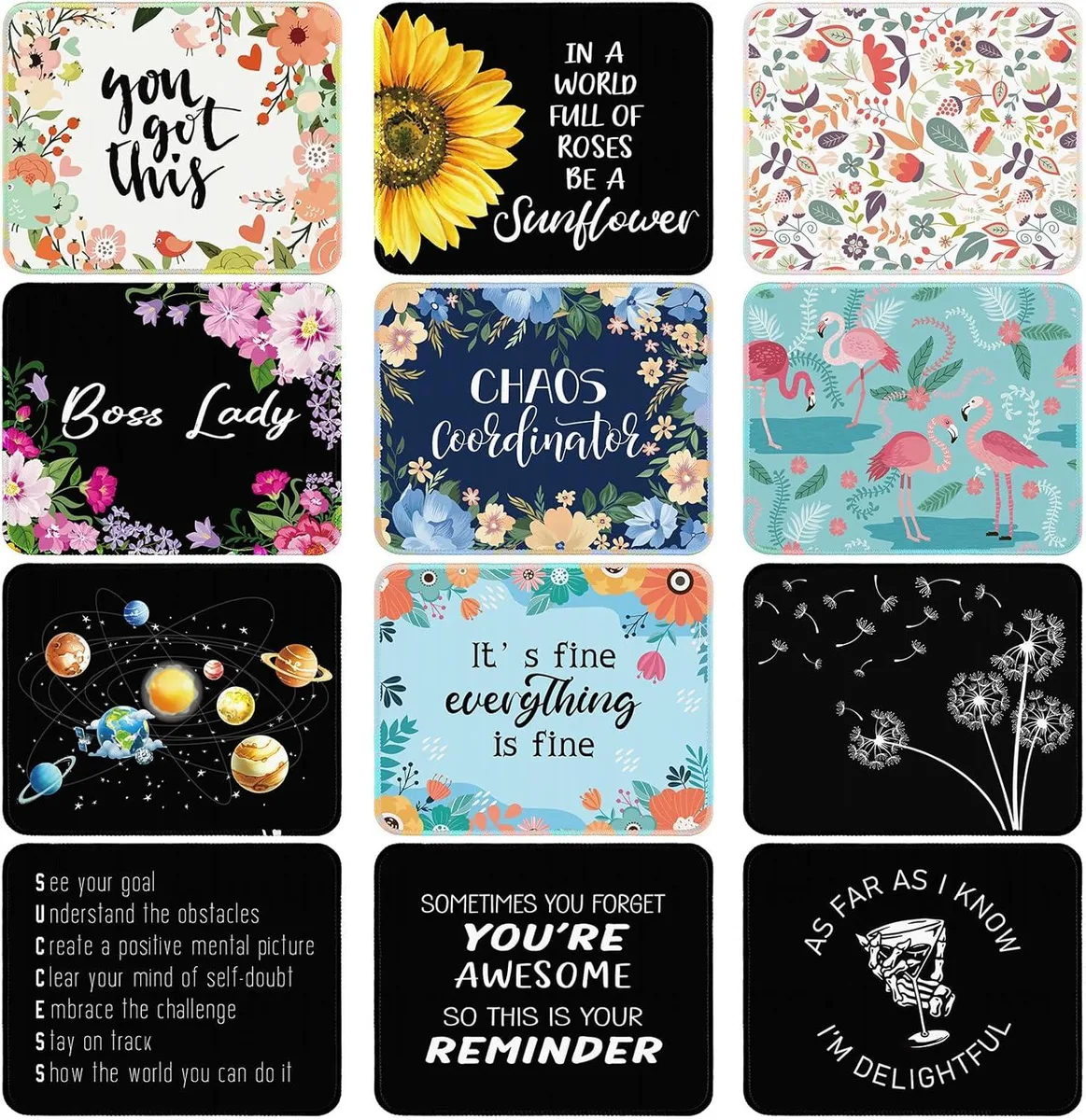 Brainwavz Brainwavz 12 Pcs Inspirational Mouse Pad Floral Motivational Quotes Square Non Slip Rubber 220 x 180 x 2 mm — product photo