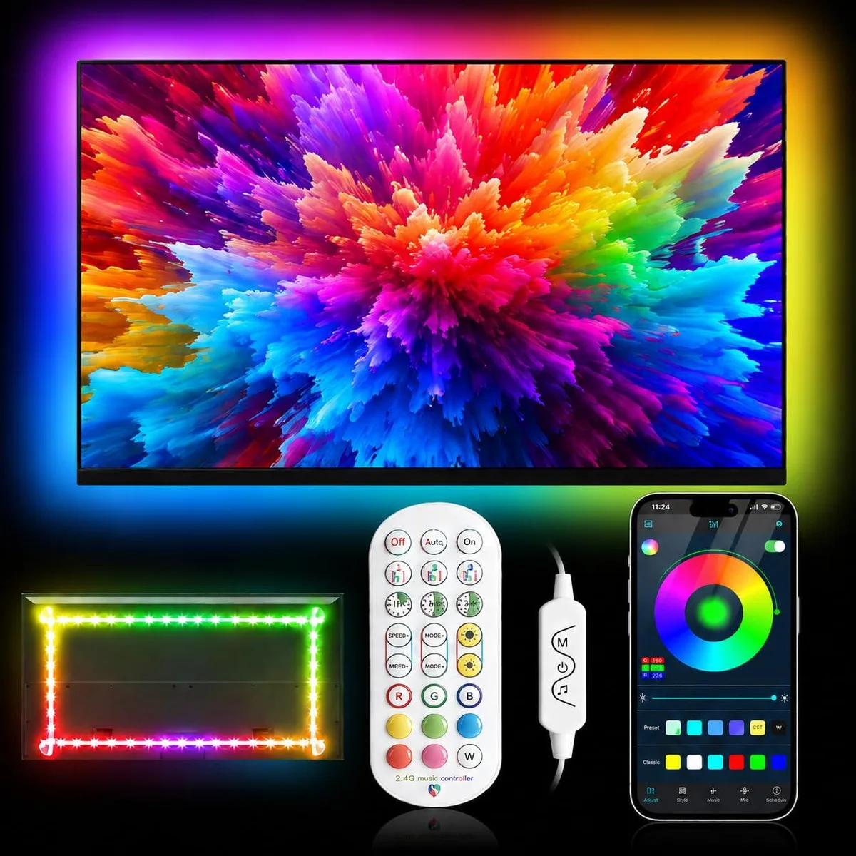 White 9.8 ft RGB LED strip on a reel with USB plug and controller box