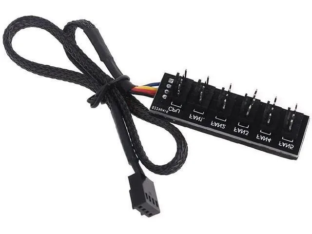 Black braided cable with six 4-pin fan connectors and one motherboard plug