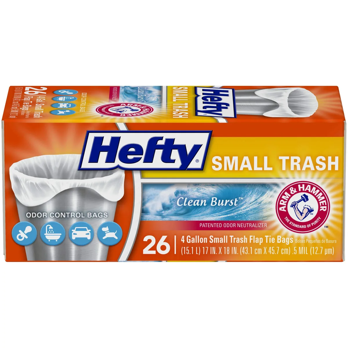  Hefty Small Garbage Bags Flap Tie Clean Burst Scent 4 Gallon 26 Count — product photo