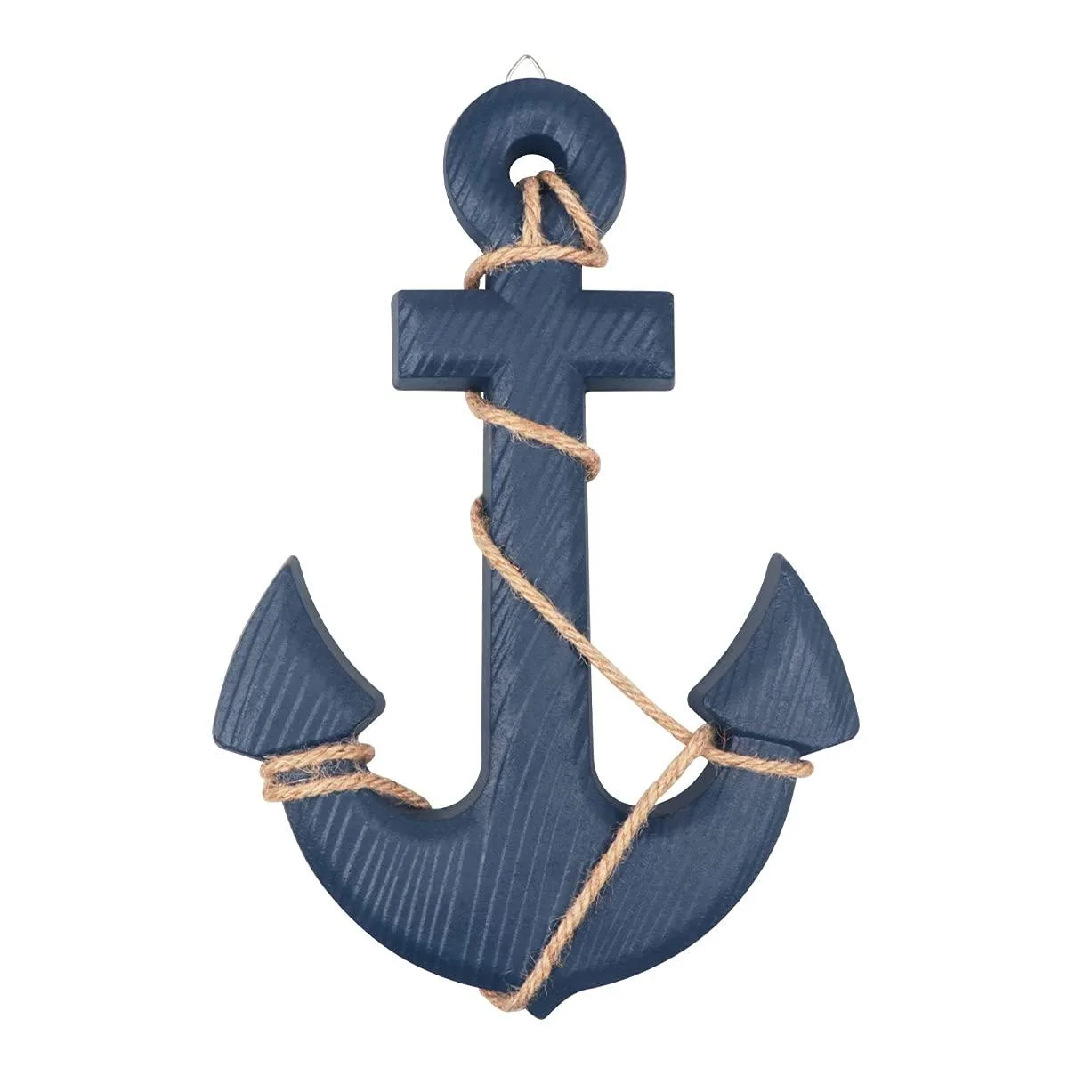 Navy blue wooden anchor 13 inches wide with natural rope and metal hanging hook