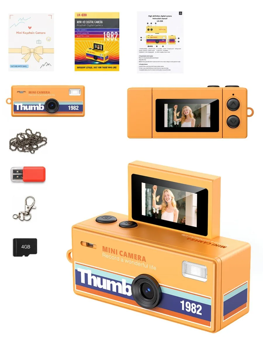 NEOMIX K30 Mini Keychain Digital Camera Orange 720p 1.0" 180° Flip Screen 32GB — product photo