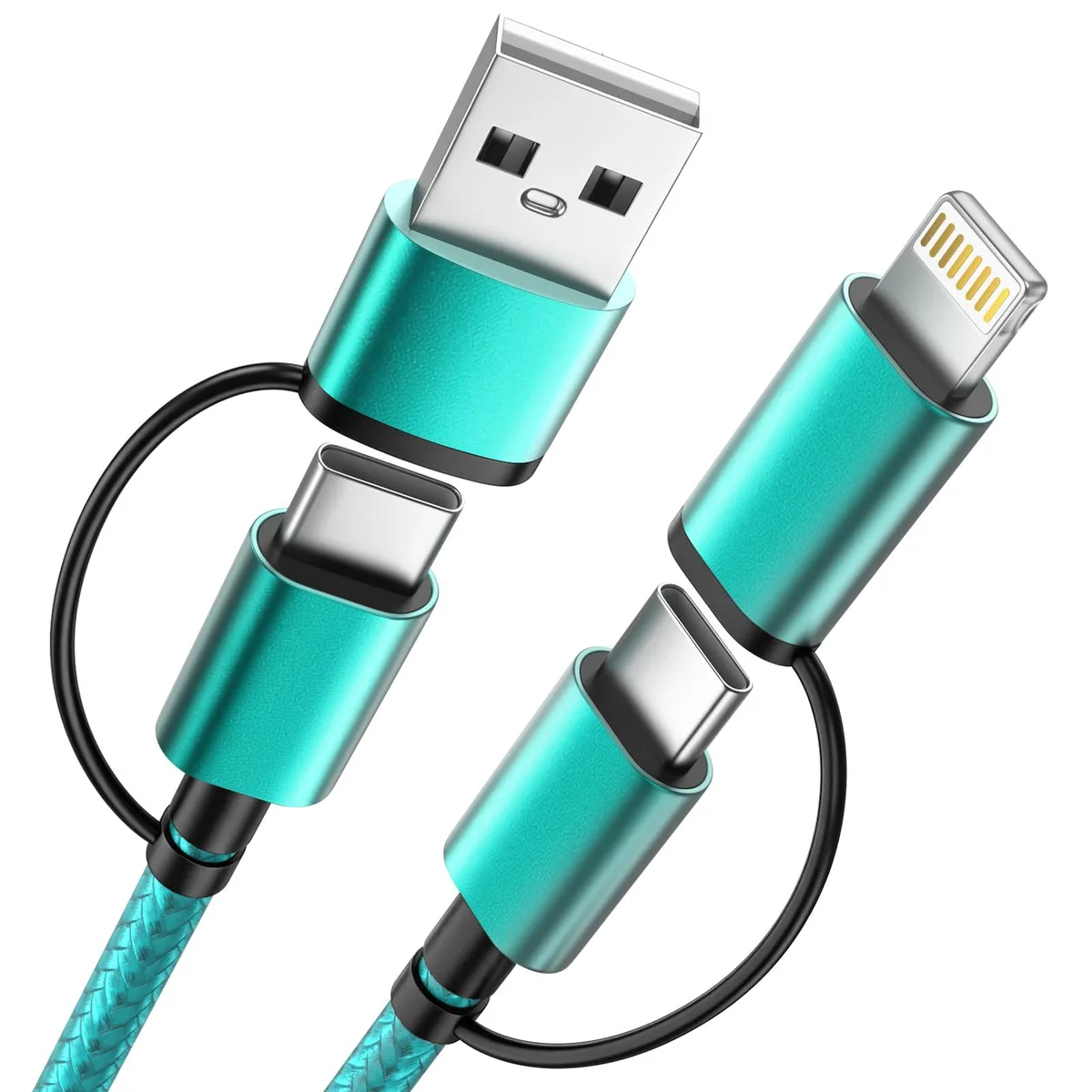 Orange braided 4-in-1 charging cable with USB-A and USB-C inputs, USB-C and Lightning outputs, 3 ft length